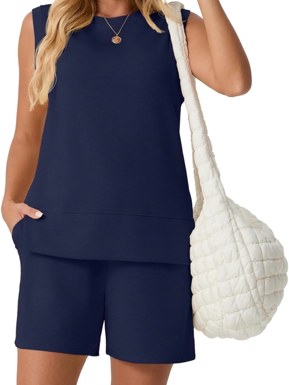 Women's top and shorts set Sleeveless Navy size large - Picture 2 of 3